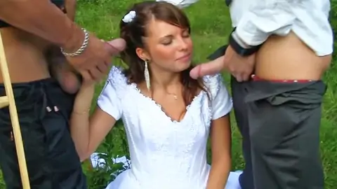 Wearing her wedding sundress while having a gang soiree