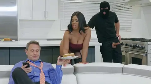 Burglar completes up poking a huge-boobed black with phat bobos