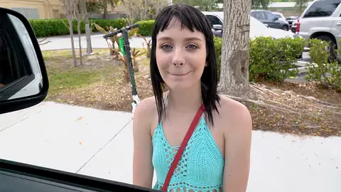 Ultra-Cute nubile is demonstrating her lil' boobs to the driver