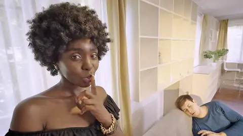 Dark-hued cutie with bouncy bootie pulverizes while beau sleeps